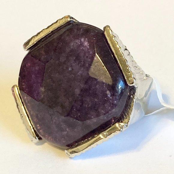 Vintage Purple Amethyst Cocktail Ring Chunky Hexagon Stone Silver Plated 5 6 - Picture 6 of 11